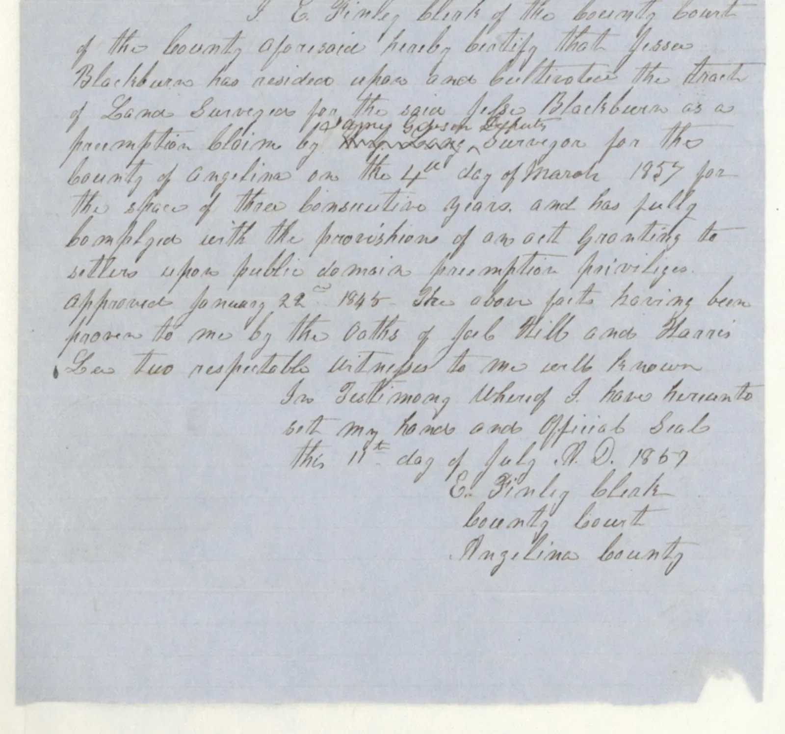 Blackburn, Jesse Original Cursive Land Grant & Field Notes (Angelina County, Abstract A-103)